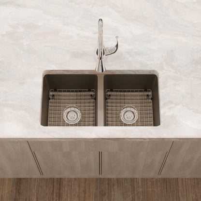 Novatto StoneCore double bowl granite kitchen sink in Ash color with stainless steel fixtures and a beauty set included.