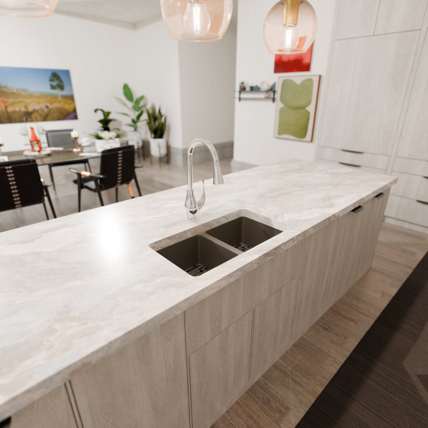 Novatto StoneCore double bowl kitchen sink in Granite Ash with sleek stainless steel faucets and accessories.