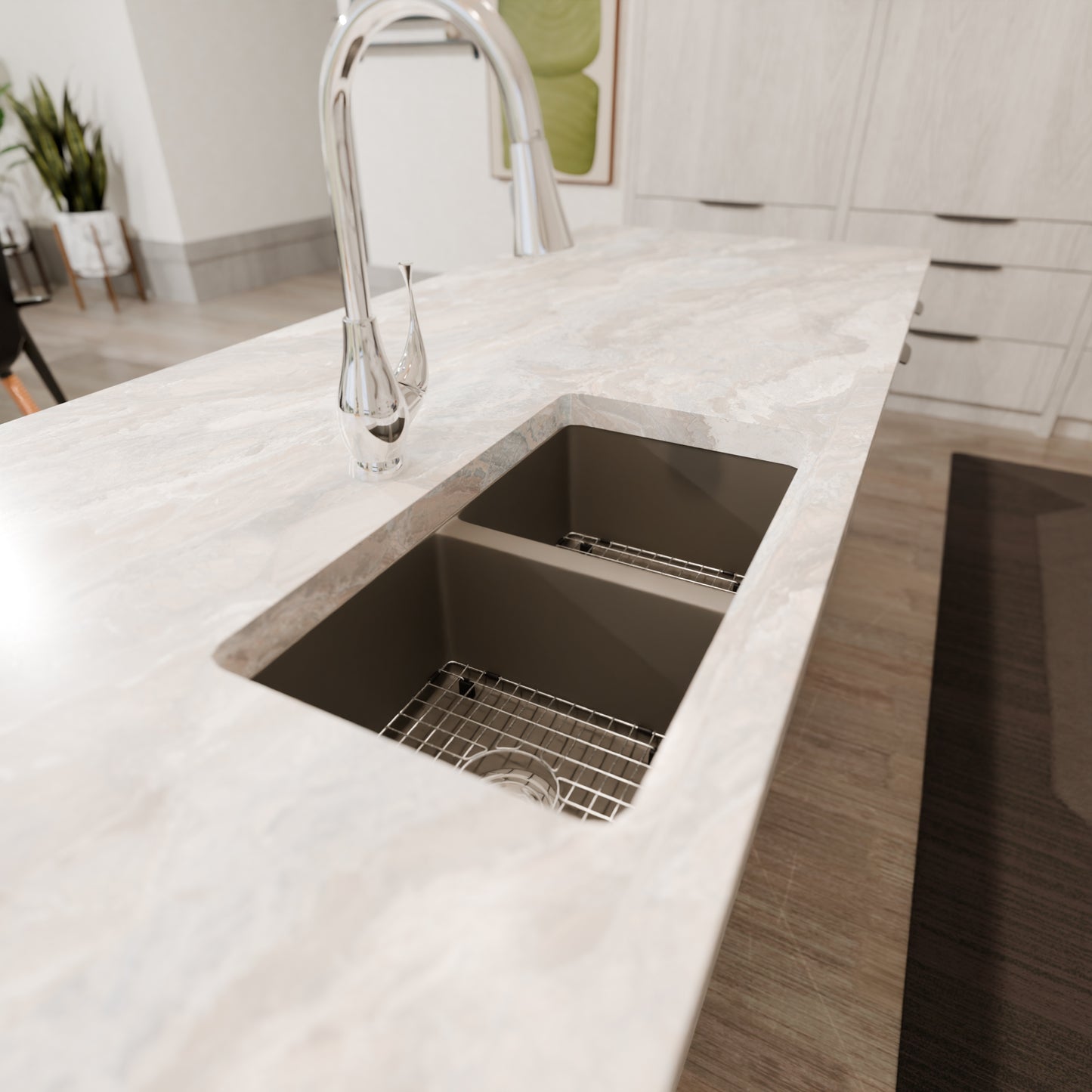 Novatto StoneCore 50/50 double bowl kitchen sink in Granite Ash with dual basins and modern design, shown with matching faucet and accessories.