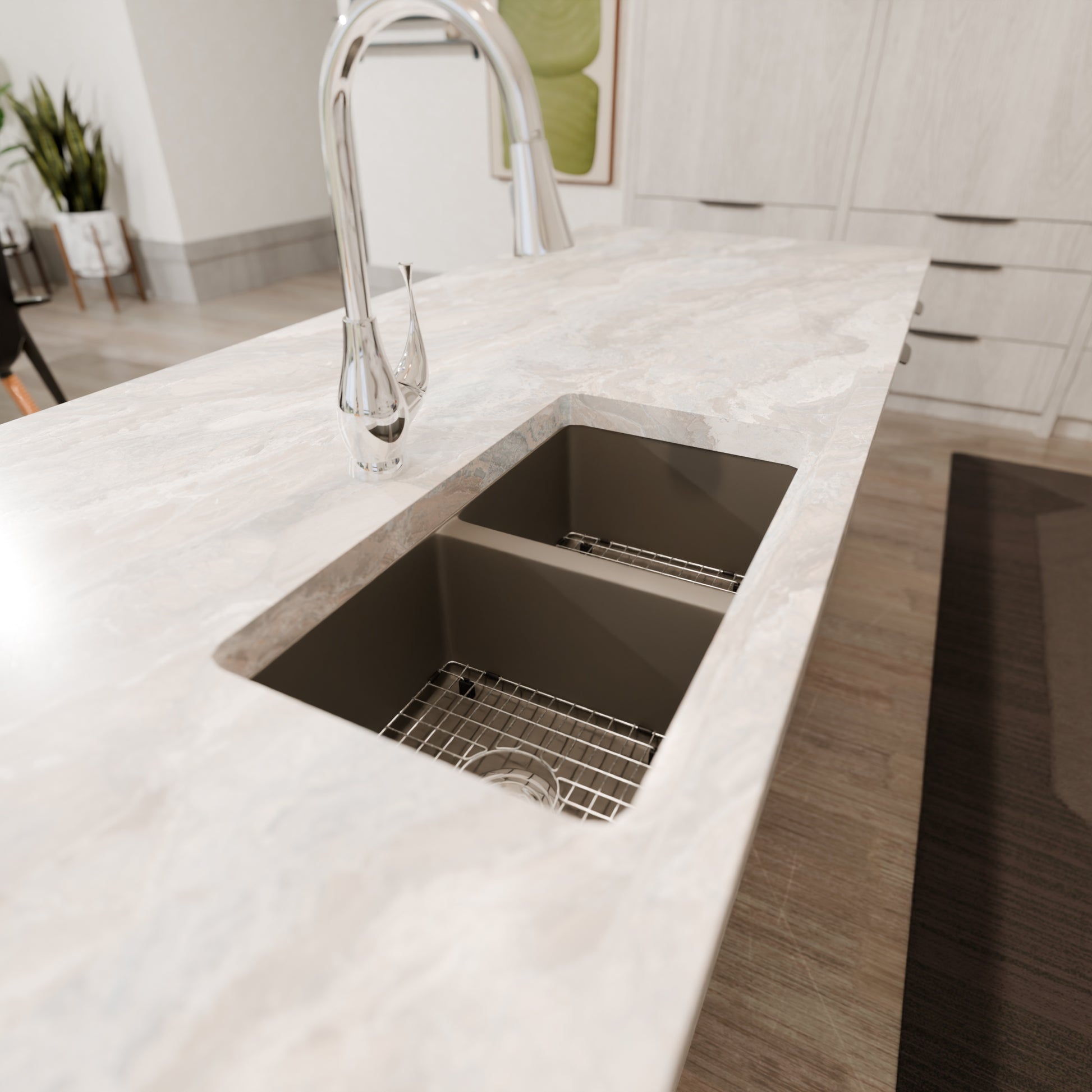 Novatto StoneCore 50/50 double bowl kitchen sink in Granite Ash with dual basins and modern design, shown with matching faucet and accessories.