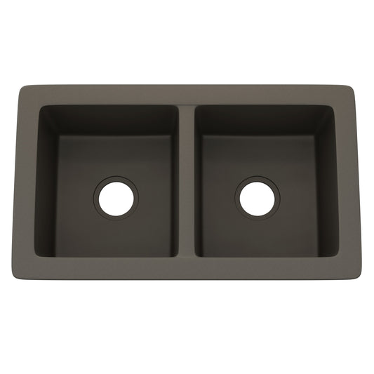 StoneCore 50/50 double bowl granite kitchen sink by Novatto in Ash color, showing the dual basins and sleek design.