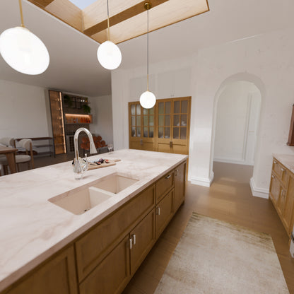 Novatto StoneCore 50/50 double bowl kitchen sink in sandstone with smooth, modern design and durable construction.