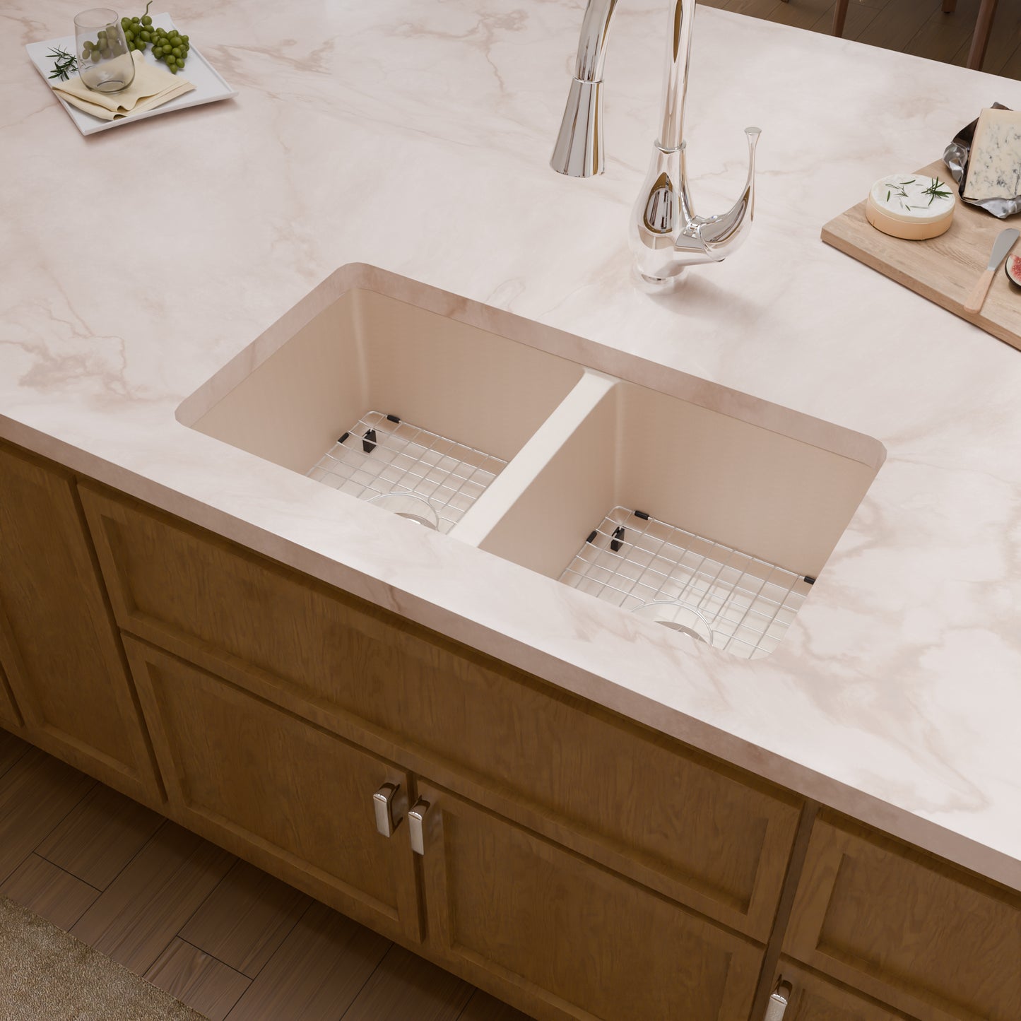 Novatto StoneCore 50/50 double bowl kitchen sink in sandstone, featuring two spacious basins and a durable stone finish.