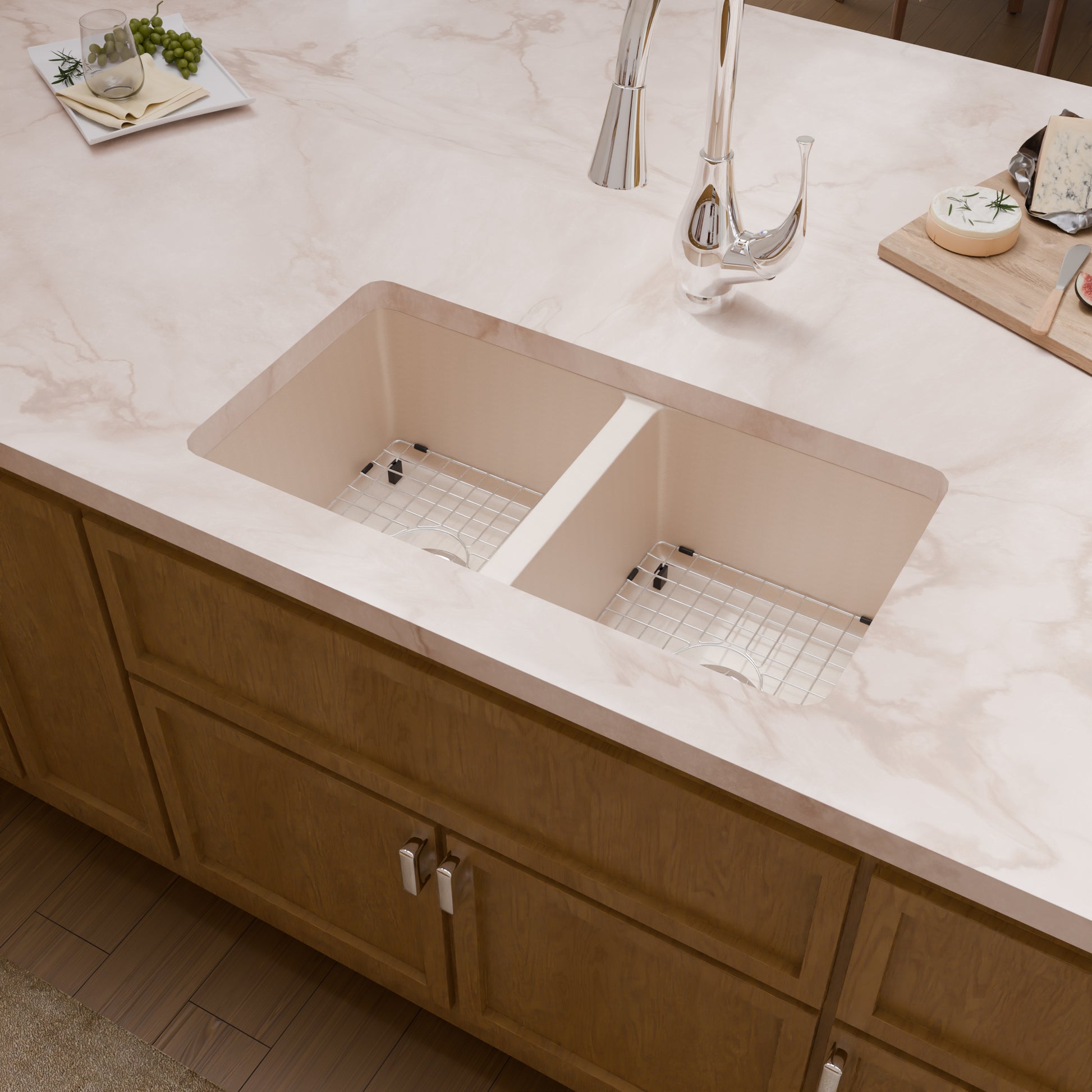 Novatto StoneCore 50/50 double bowl kitchen sink in sandstone, featuring two spacious basins and a durable stone finish.