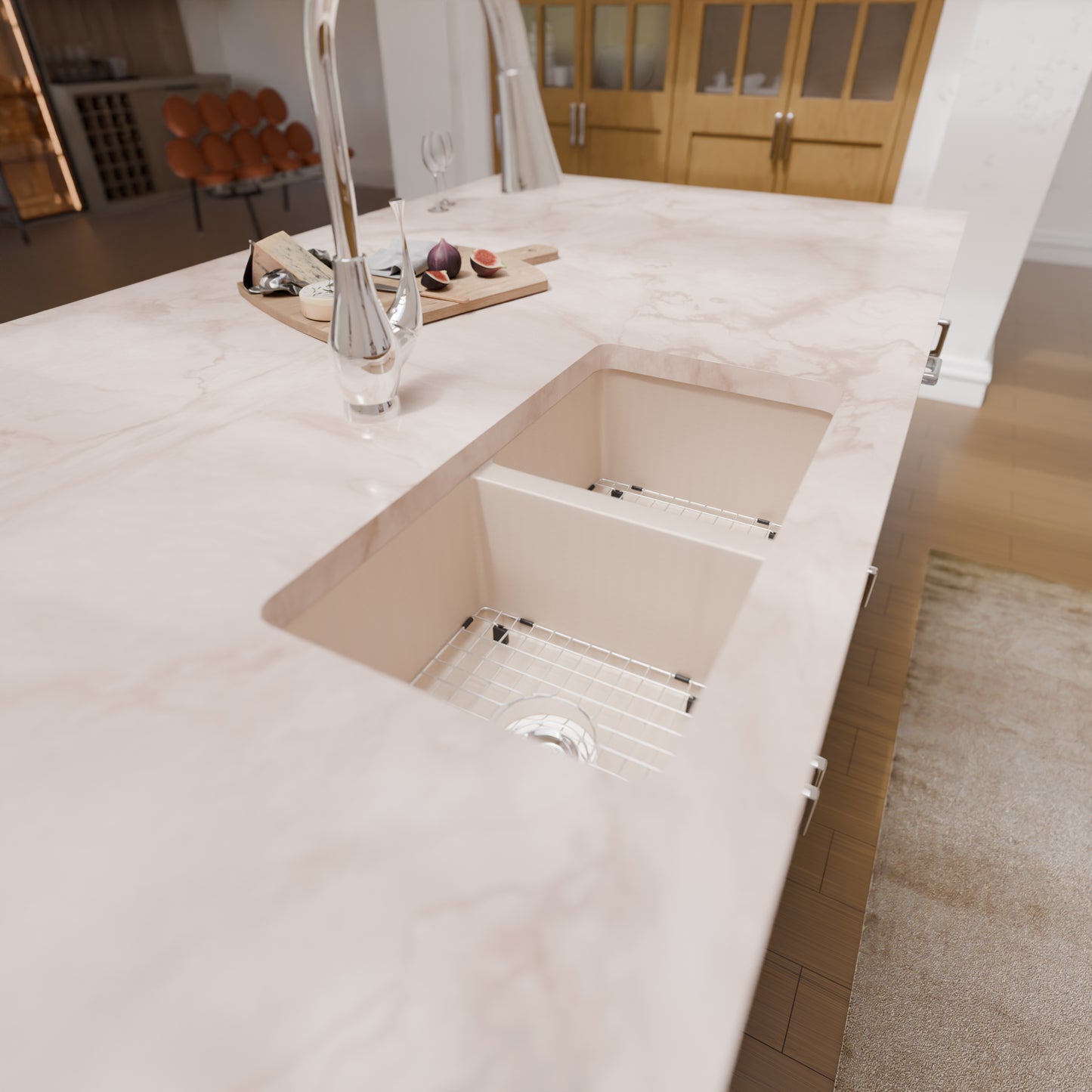 Novatto StoneCore 50/50 double bowl kitchen sink in sandstone, showcasing two spacious basins and durable stone construction.