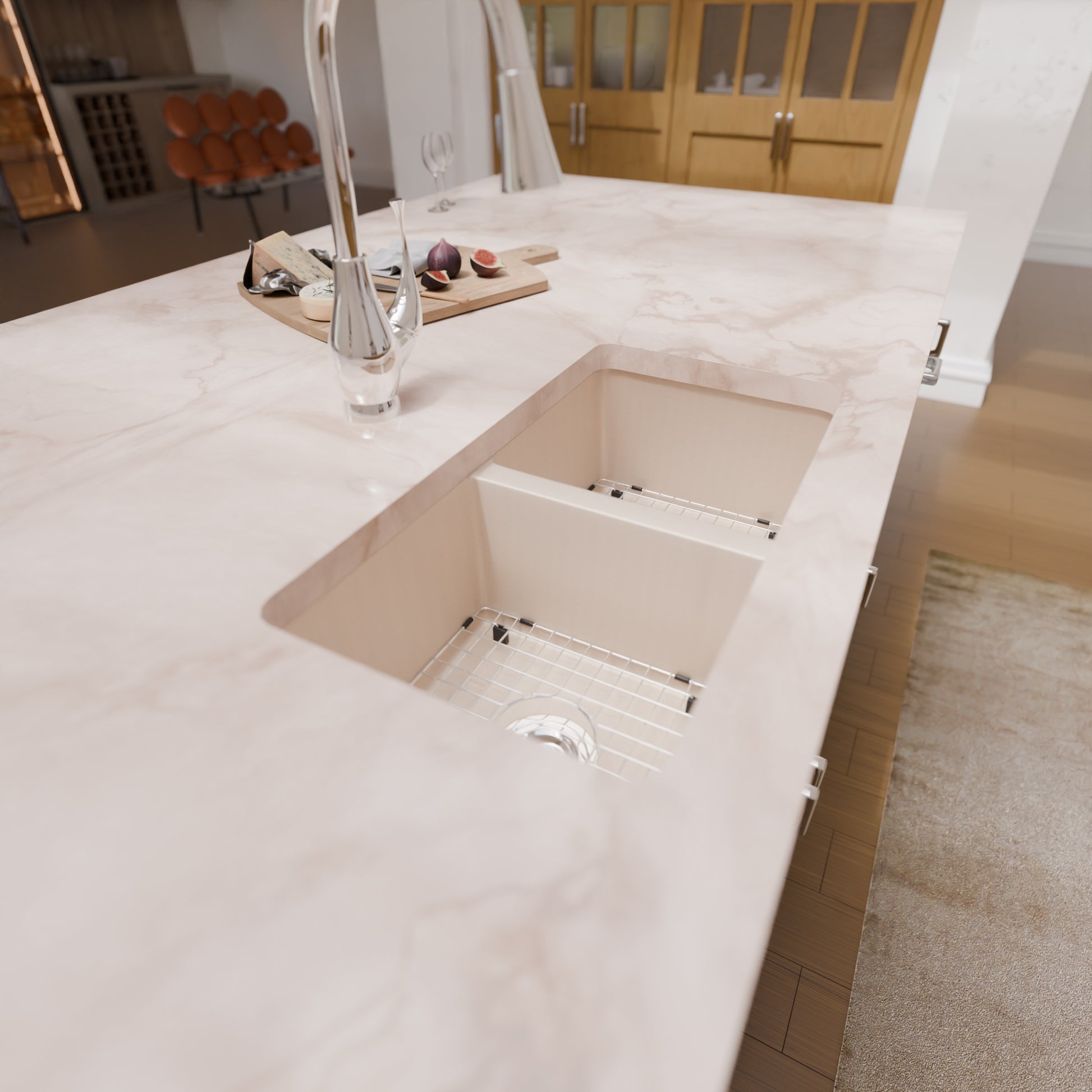 Novatto StoneCore 50/50 double bowl kitchen sink in sandstone, showcasing two spacious basins and durable stone construction.