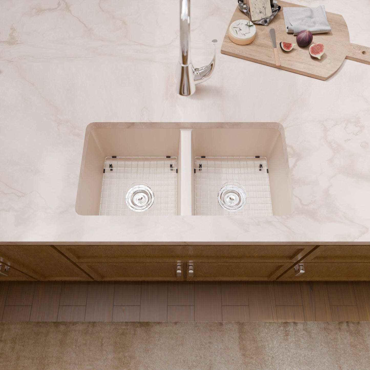Novatto StoneCore 50/50 double bowl kitchen sink in sandstone finish, showcasing durable stainless steel design with two spacious basins.