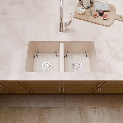 Novatto StoneCore 50/50 double bowl kitchen sink in sandstone finish, showcasing durable stainless steel design with two spacious basins.