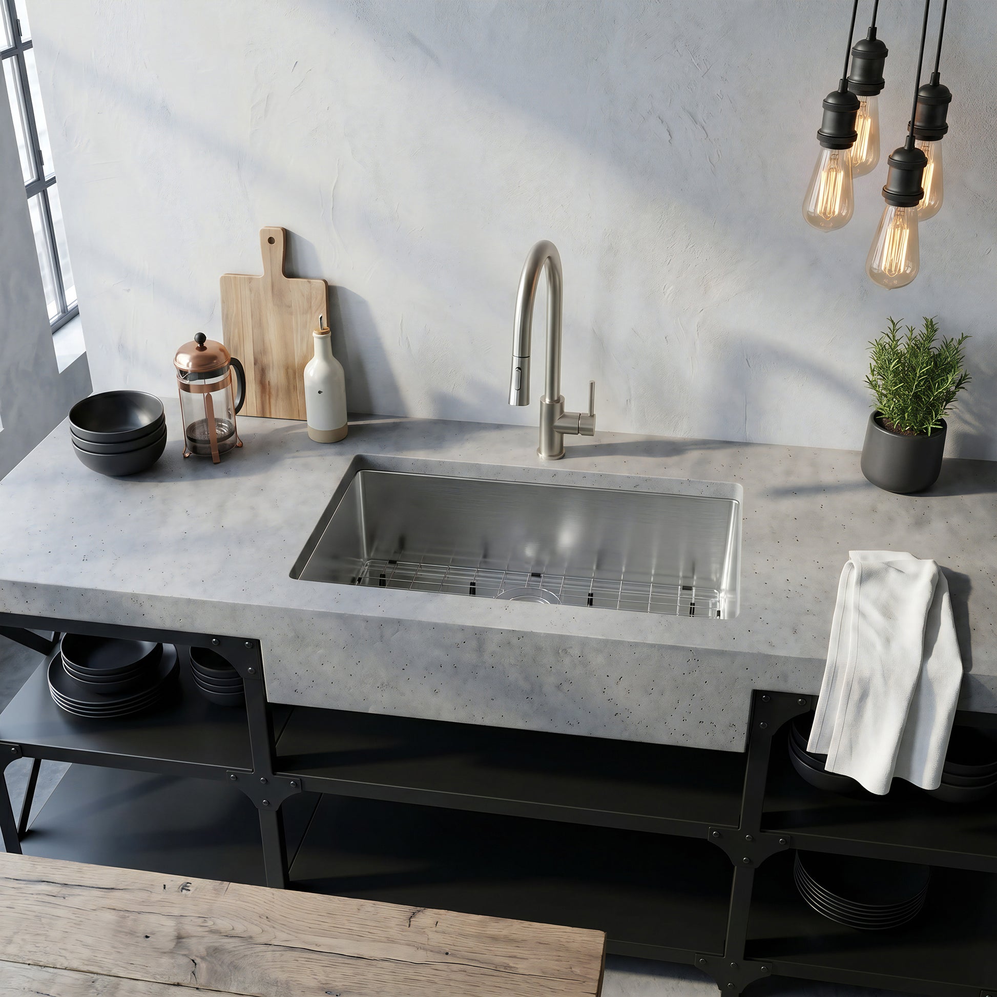 Contemporary Novatto stainless steel single bowl kitchen sink with zero radius edges, sleek and modern design for kitchen use.