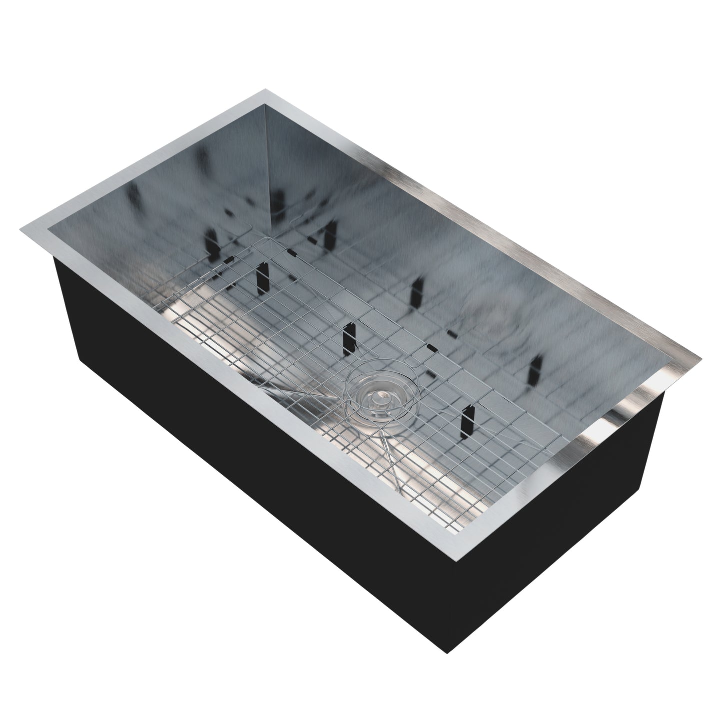 Contemporary Novatto stainless steel single bowl kitchen sink with zero radius edges, included grate and drain in image.