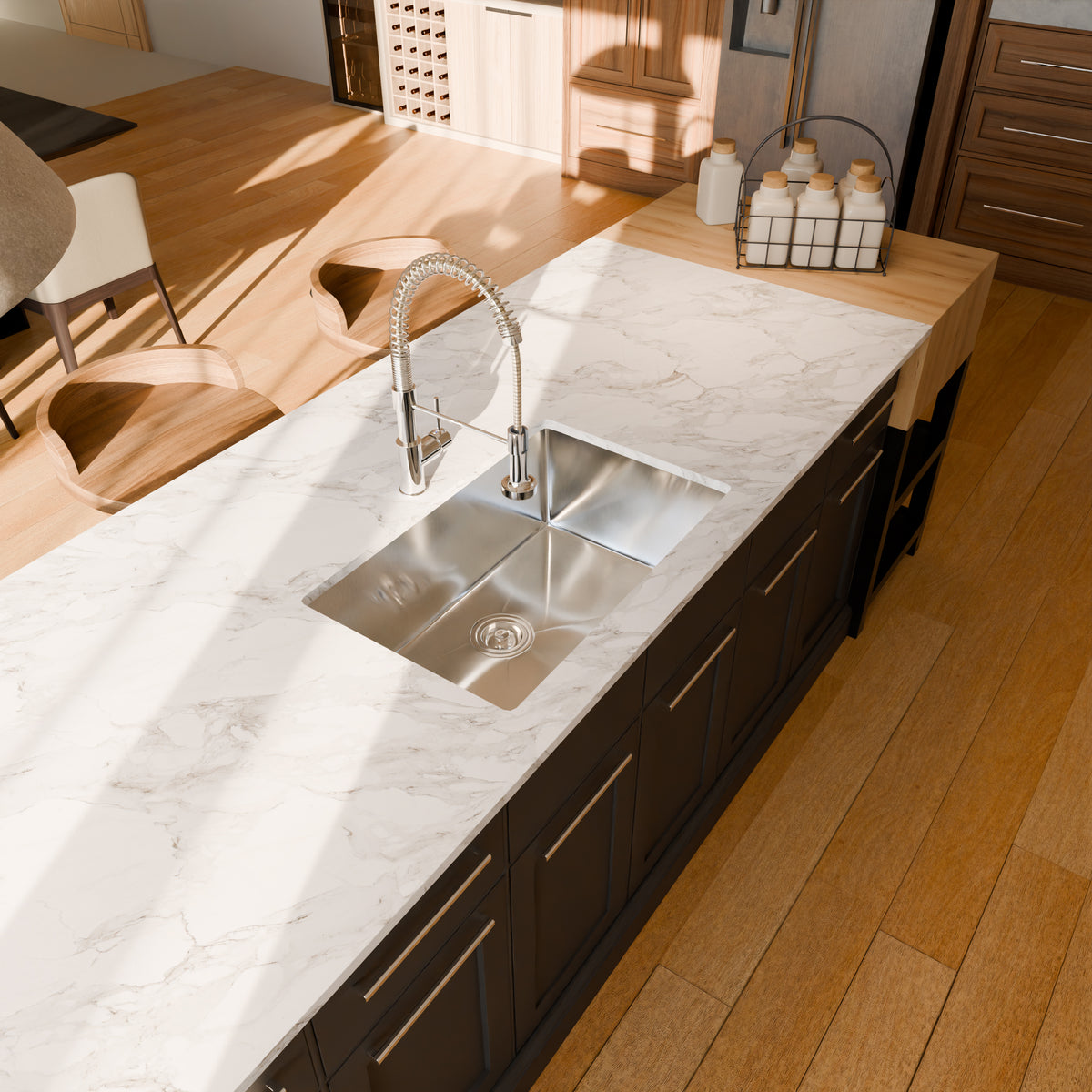 Novatto dual action commercial style pull-down bar and prep faucet with sleek design, chrome finish, and ergonomic handle.