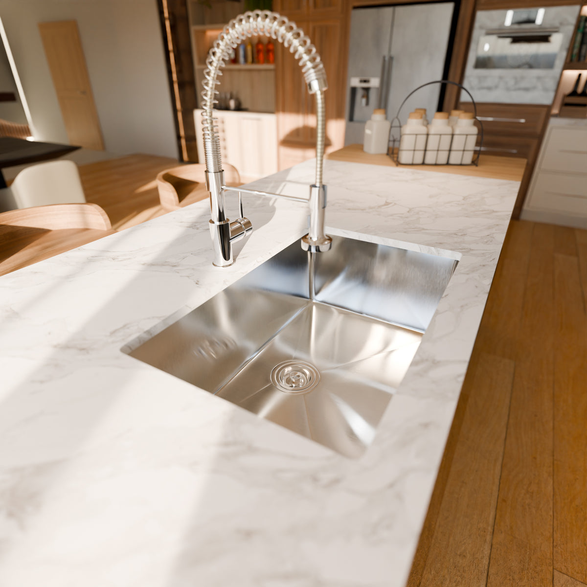 Novatto dual action commercial style pull-down bar and prep faucet with sleek design, shown in a modern kitchen setup.