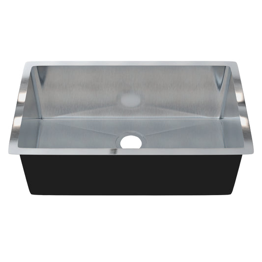 Stainless steel single bowl kitchen sink by Novatto, 30-inch size, with smooth interior and modern design, shown without drain.