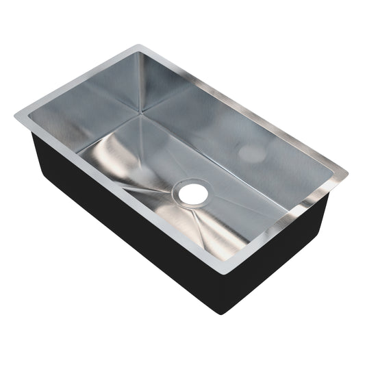 30-inch stainless steel single bowl kitchen sink by Novatto, showcasing sleek, durable design without drain in a modern kitchen setting.