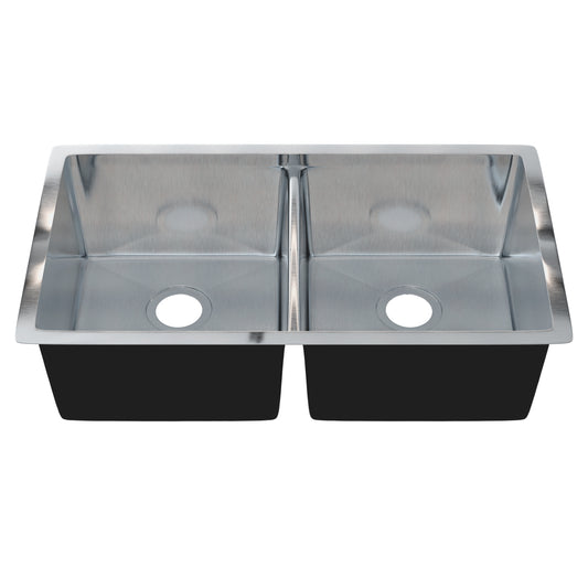 Stainless steel double bowl kitchen sink by Novatto, 32-inch size, showing smooth, shiny surface and divided basins without drain.