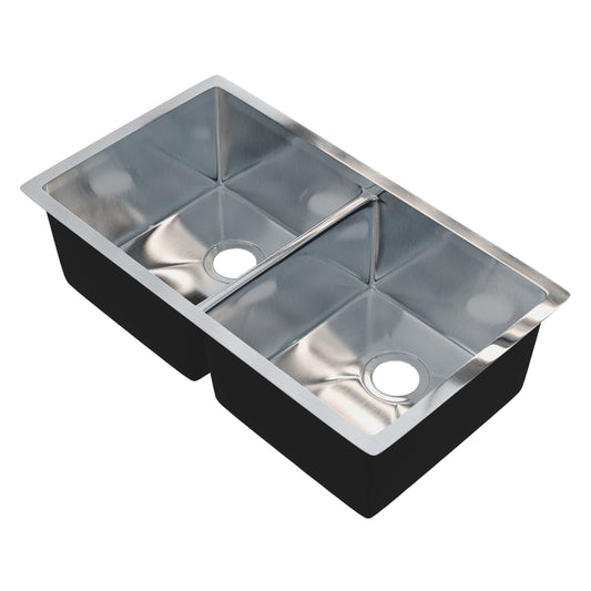 Stainless steel double bowl kitchen sink by Novatto, 32-inch size with two deep basins and sleek modern design.
