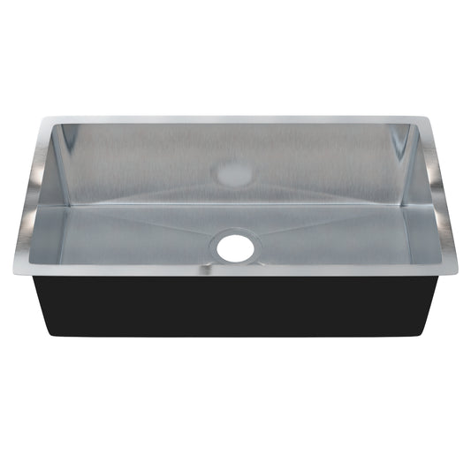 Stainless steel single bowl kitchen sink by Novatto, 32-inch size, sleek and modern design with smooth finish, without drain.