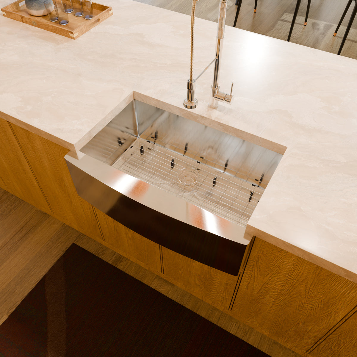 33-inch stainless steel farmhouse kitchen sink by Novatto with a single large bowl, sleek and durable design.