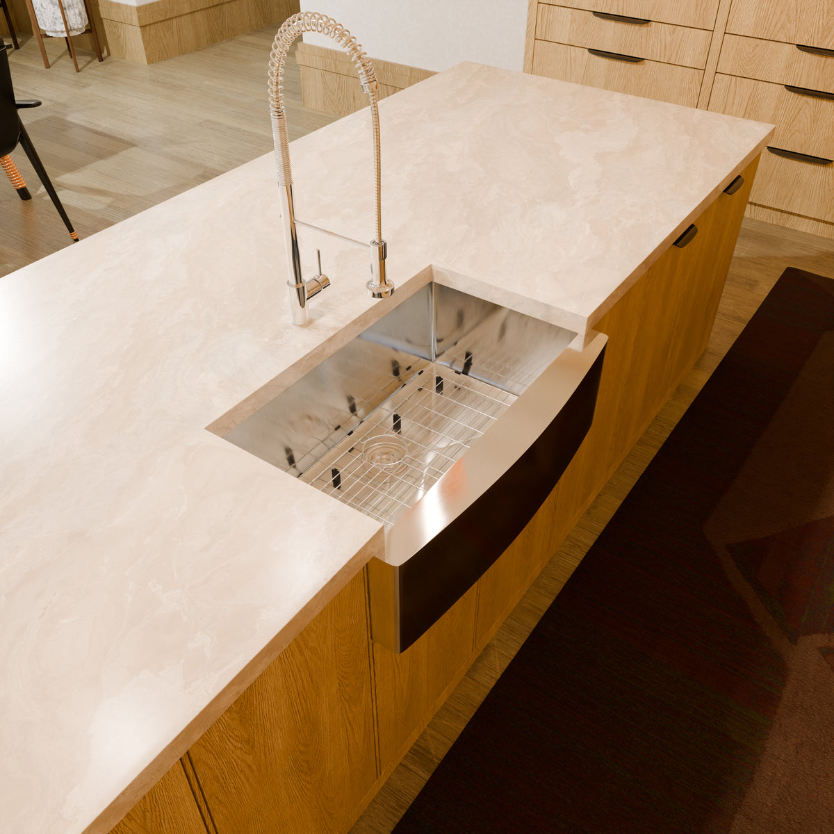 Stainless steel farmhouse kitchen sink with single bowl by Novatto, 33-inch size, sleek and durable design.