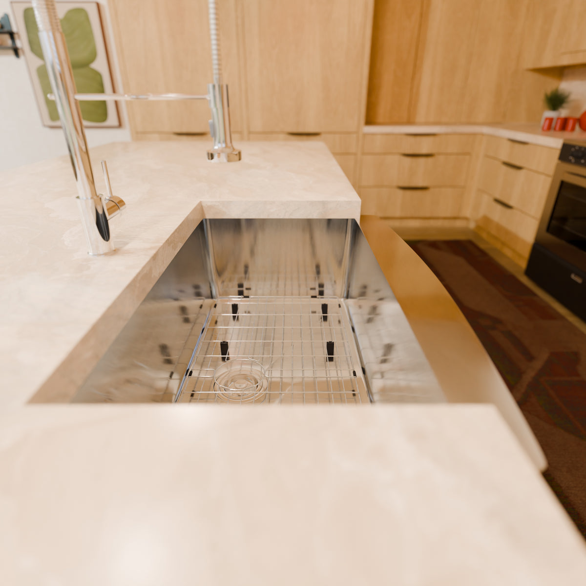 33-inch stainless steel farmhouse kitchen sink by Novatto with a single large bowl and brushed finish, shown in a clean modern kitchen setting.