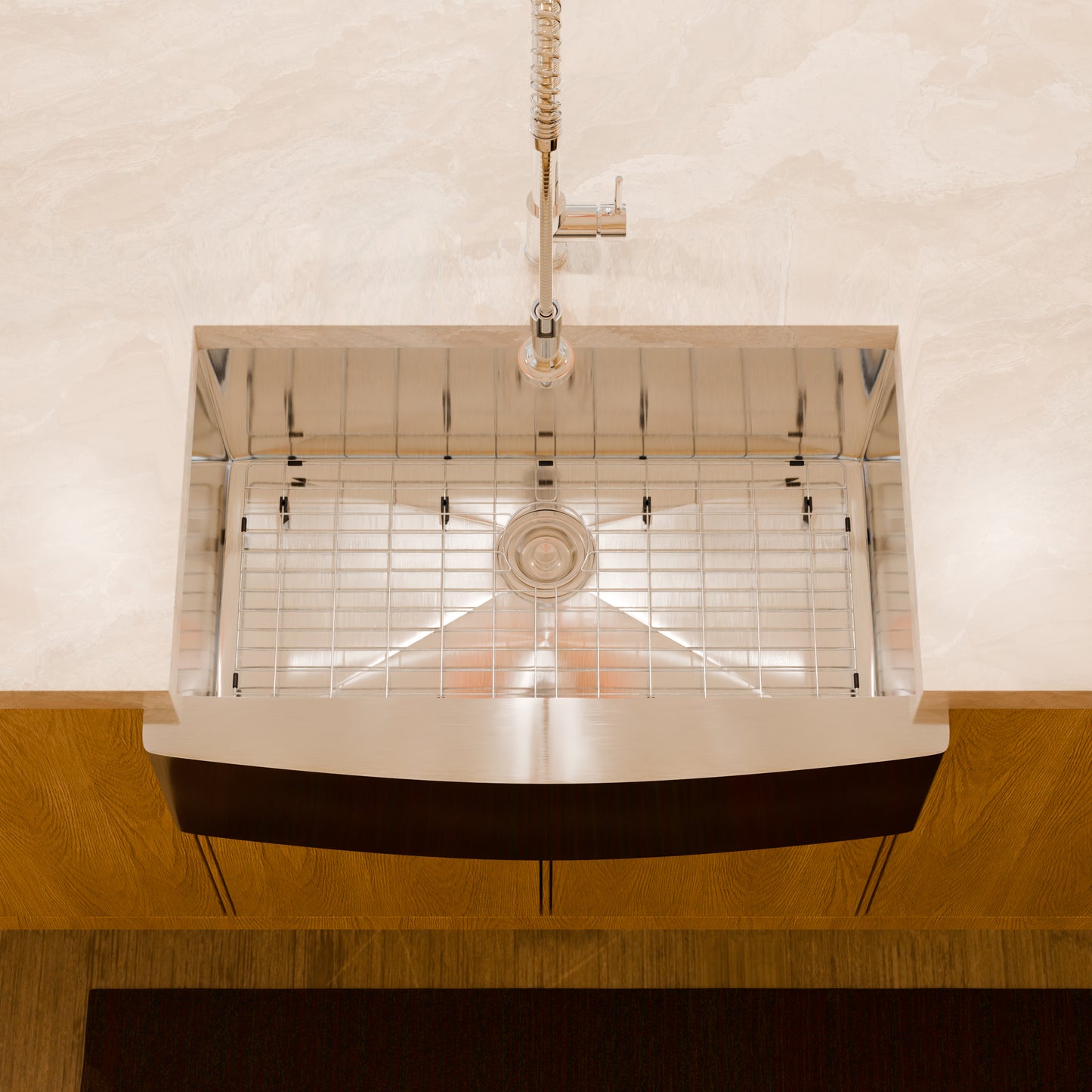 33-inch stainless steel farmhouse kitchen sink by Novatto with single bowl and brushed finish, shown in a modern kitchen setting.