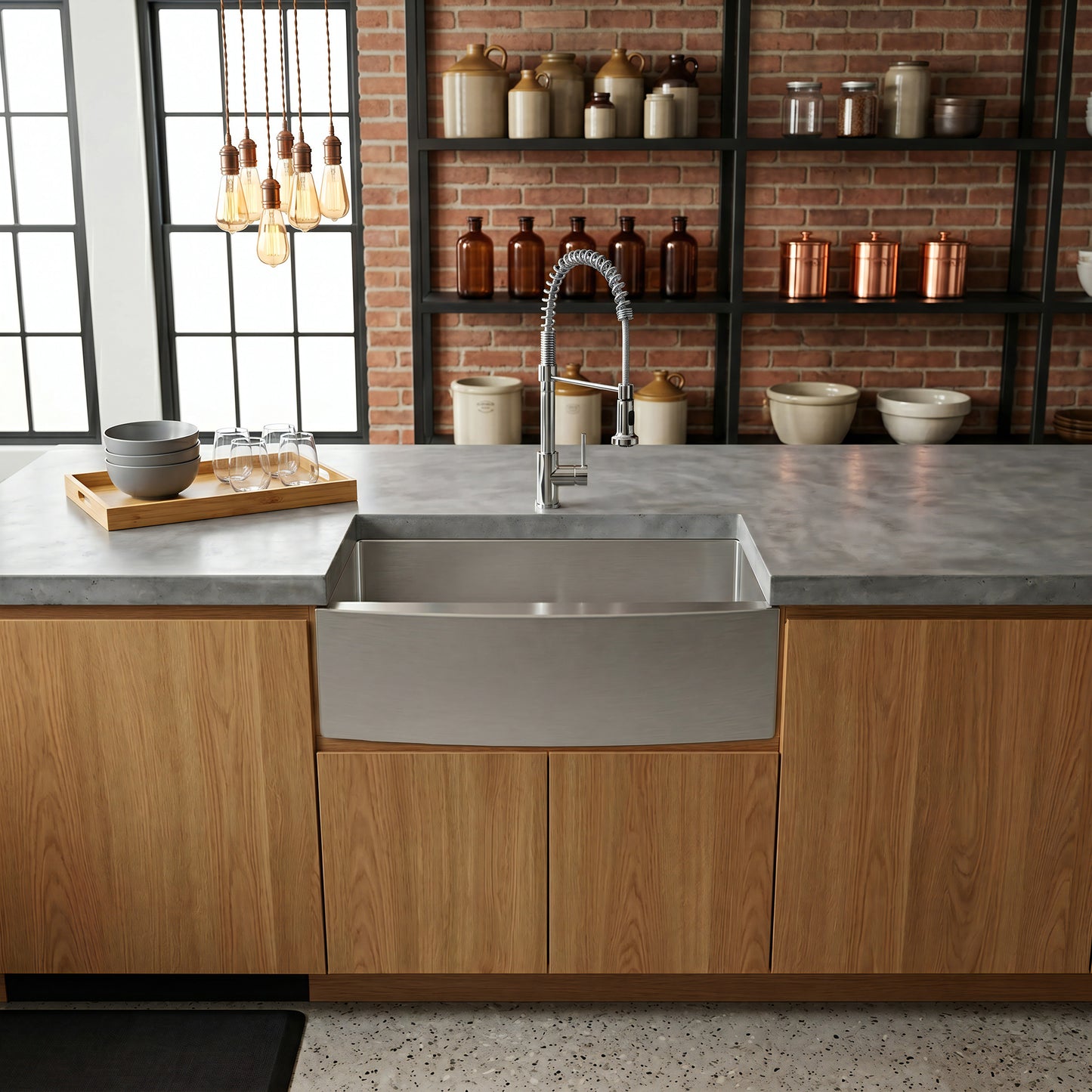 33-inch stainless steel single bowl farmhouse kitchen sink by Novatto, showcasing its deep basin and sleek finish.