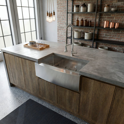 Stainless steel single bowl farmhouse kitchen sink by Novatto with a spacious basin and modern design, shown in a kitchen setting.