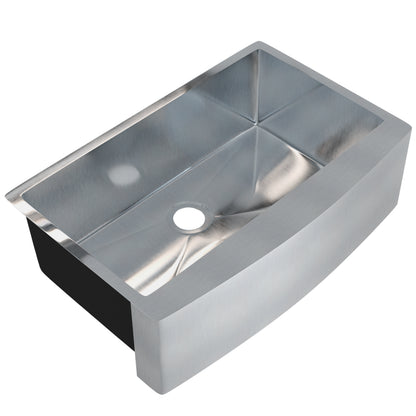 Stainless steel farmhouse kitchen sink with single basin by Novatto, 33 inches wide, smooth finish, and modern design.