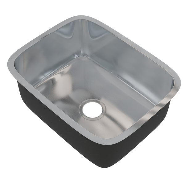 Novatto Classic 23-inch single bowl stainless steel kitchen sink with smooth finish and modern design, shown without drain.