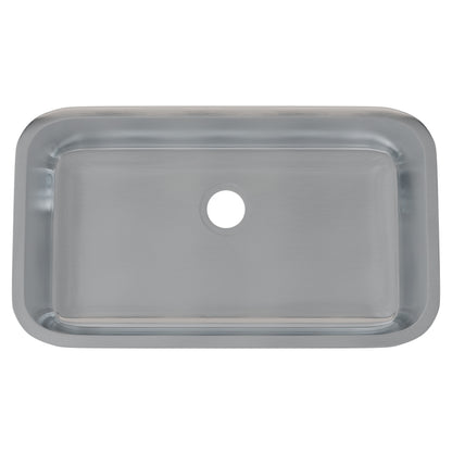 Novatto Classic 32-inch single bowl stainless steel kitchen sink with smooth finish and deep basin, shown without drain.