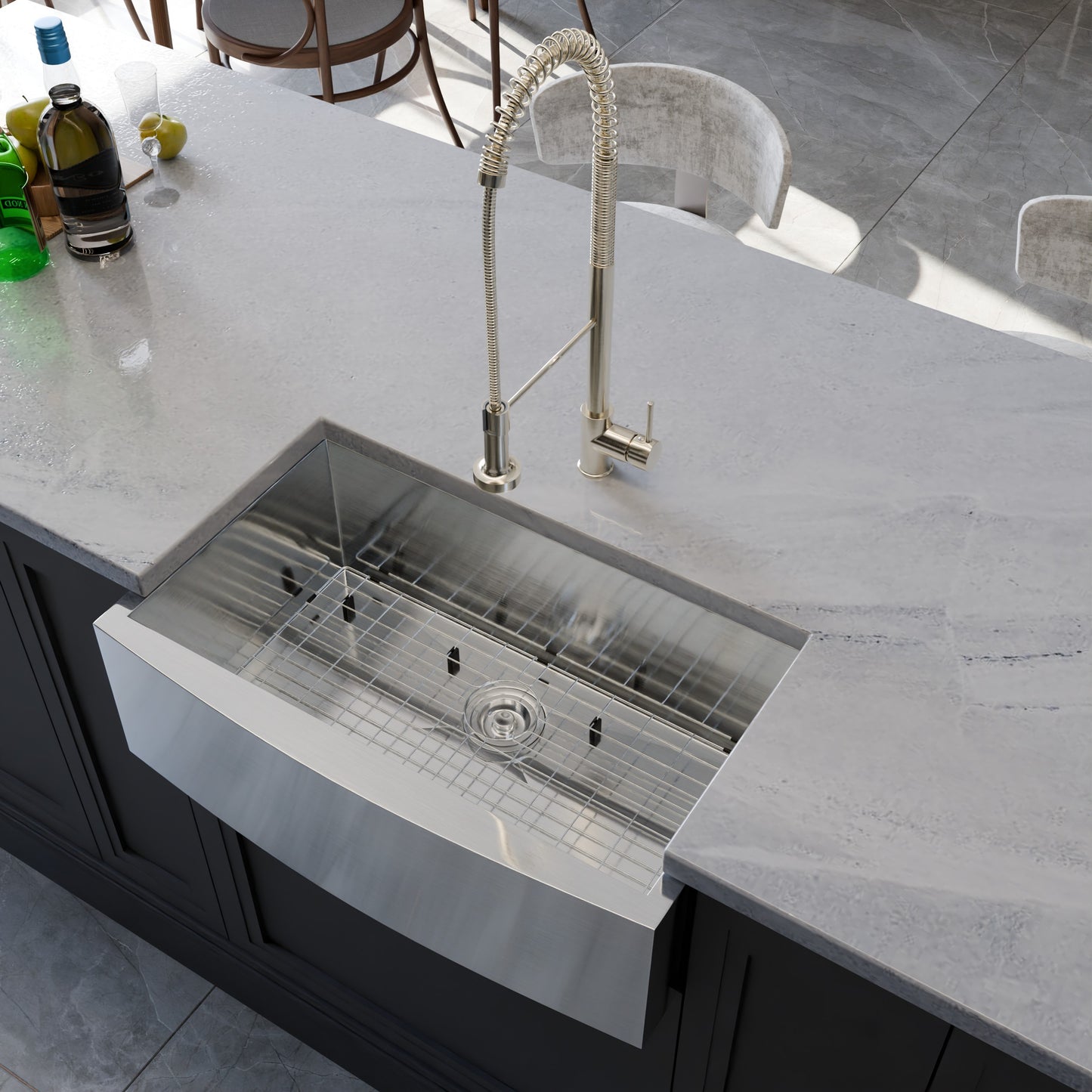 Novatto zero radius stainless steel farmhouse kitchen sink with single bowl, sleek and durable for modern kitchens.