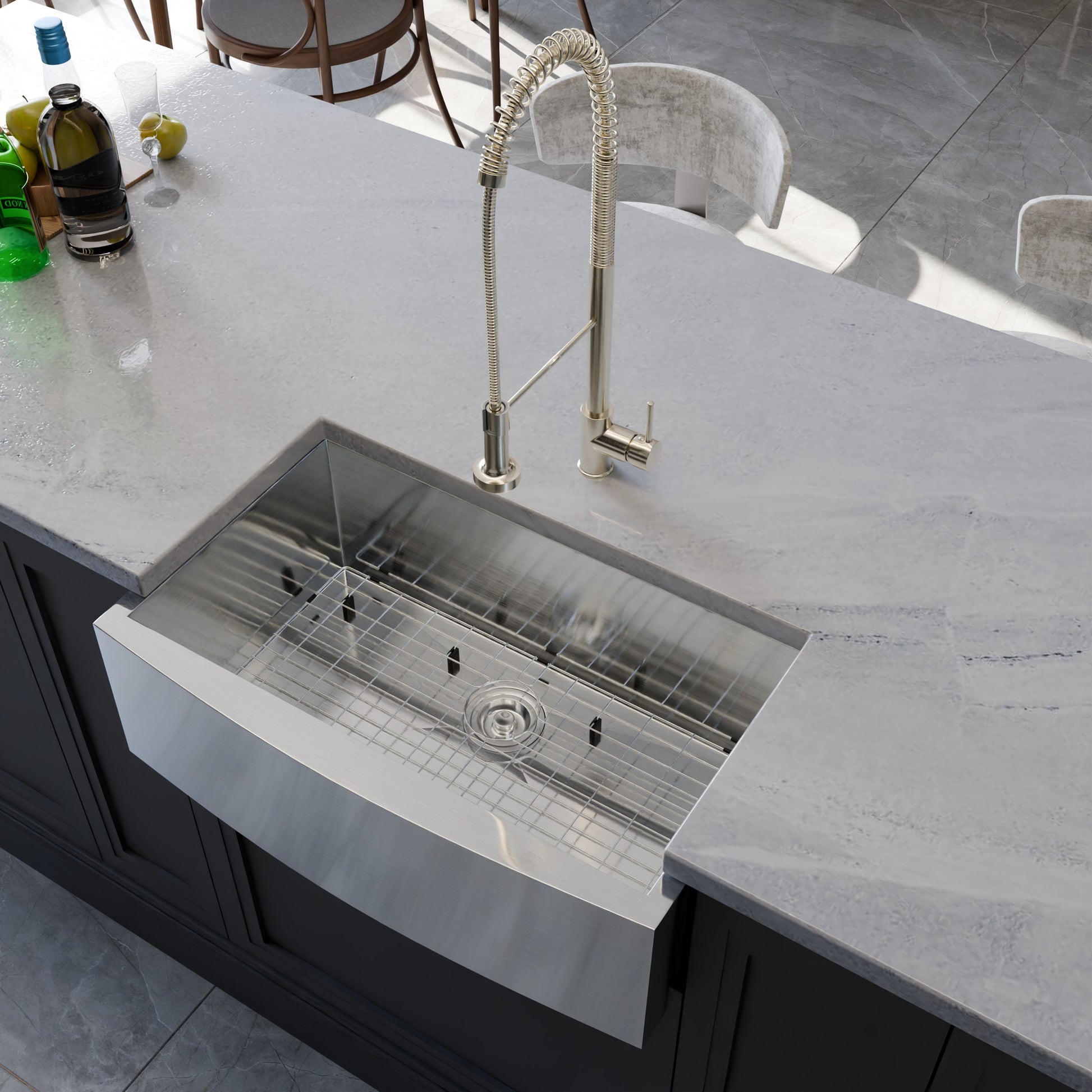 Novatto zero radius stainless steel farmhouse kitchen sink with single bowl, sleek and durable for modern kitchens.