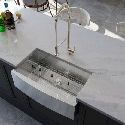 Novatto zero radius stainless steel farmhouse kitchen sink with single bowl, sleek and durable for modern kitchens.