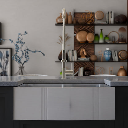 Novatto zero radius stainless steel farmhouse kitchen sink with single bowl, sleek and modern design, shown in the image.