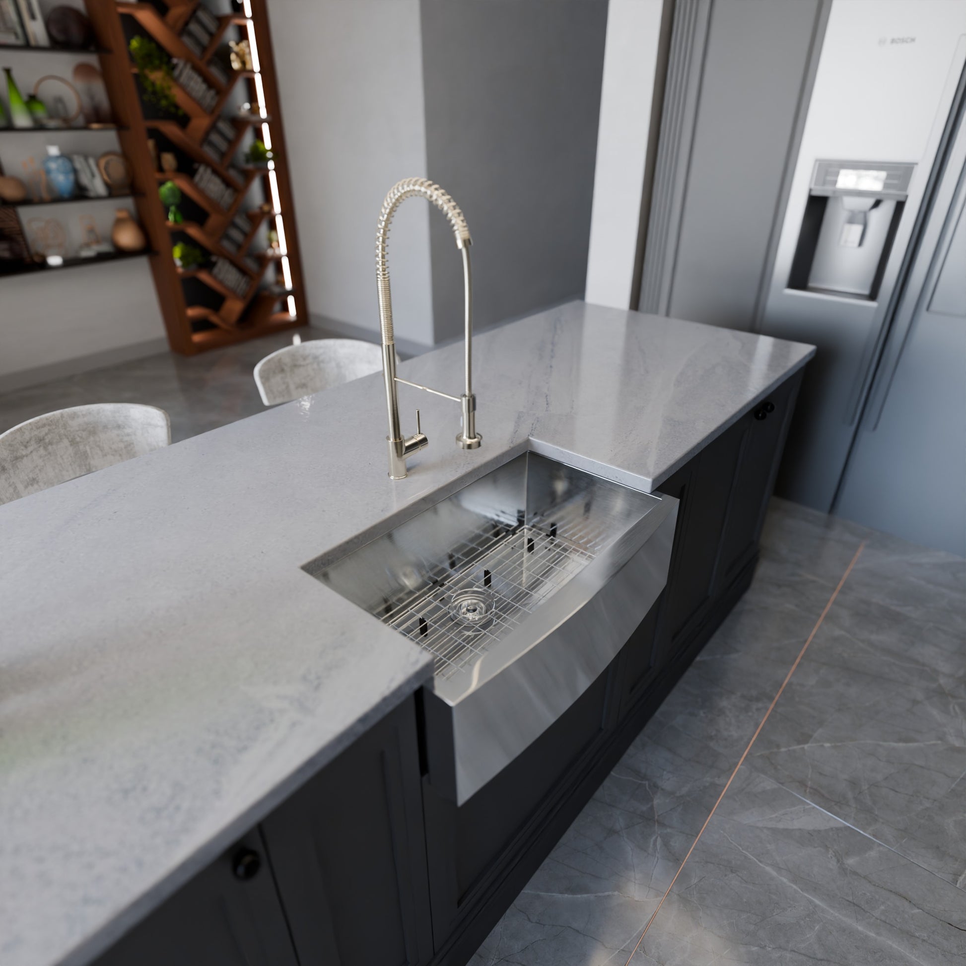 Novatto zero radius stainless steel farmhouse kitchen sink with single bowl and included 30x16 inch sink grate.