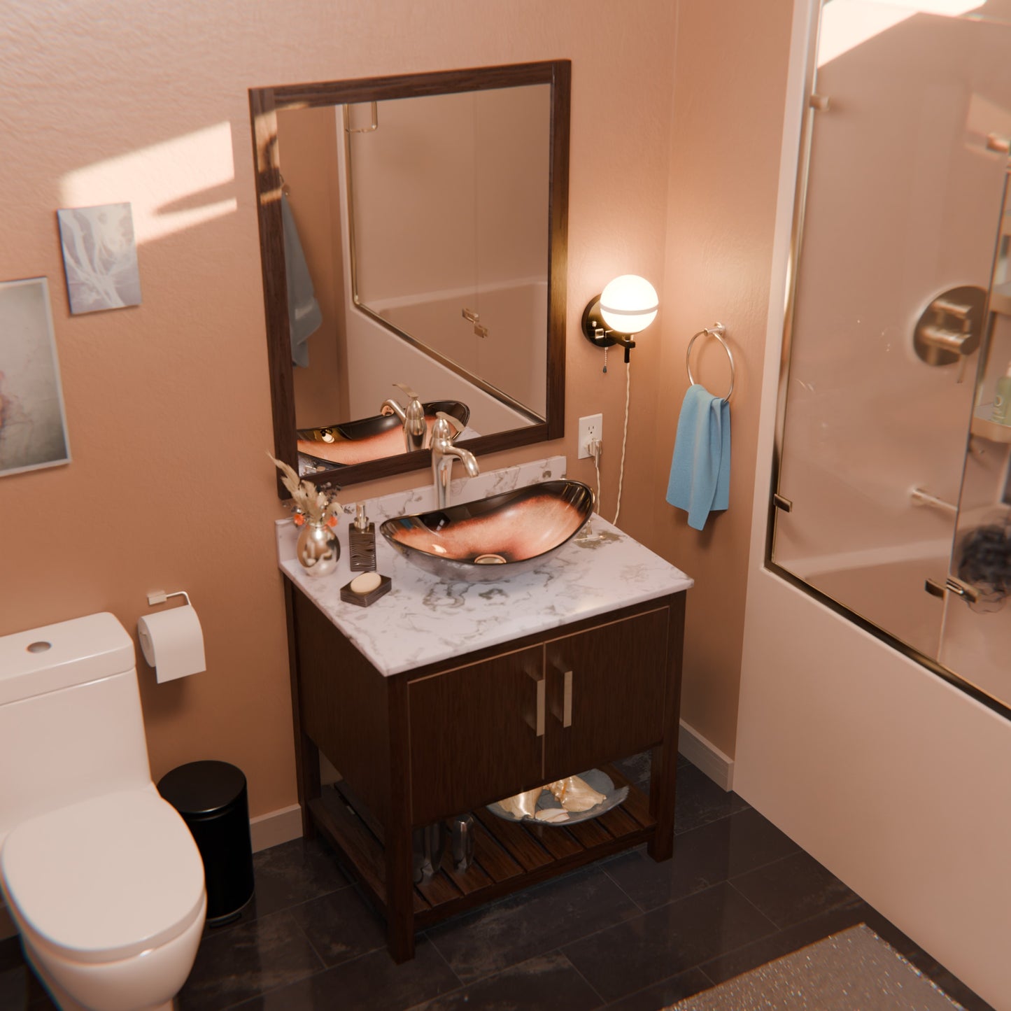 Novatto 30-inch bath vanity with café mocha quartz countertop and integrated sink, showcasing the elegant bathroom accessory.
