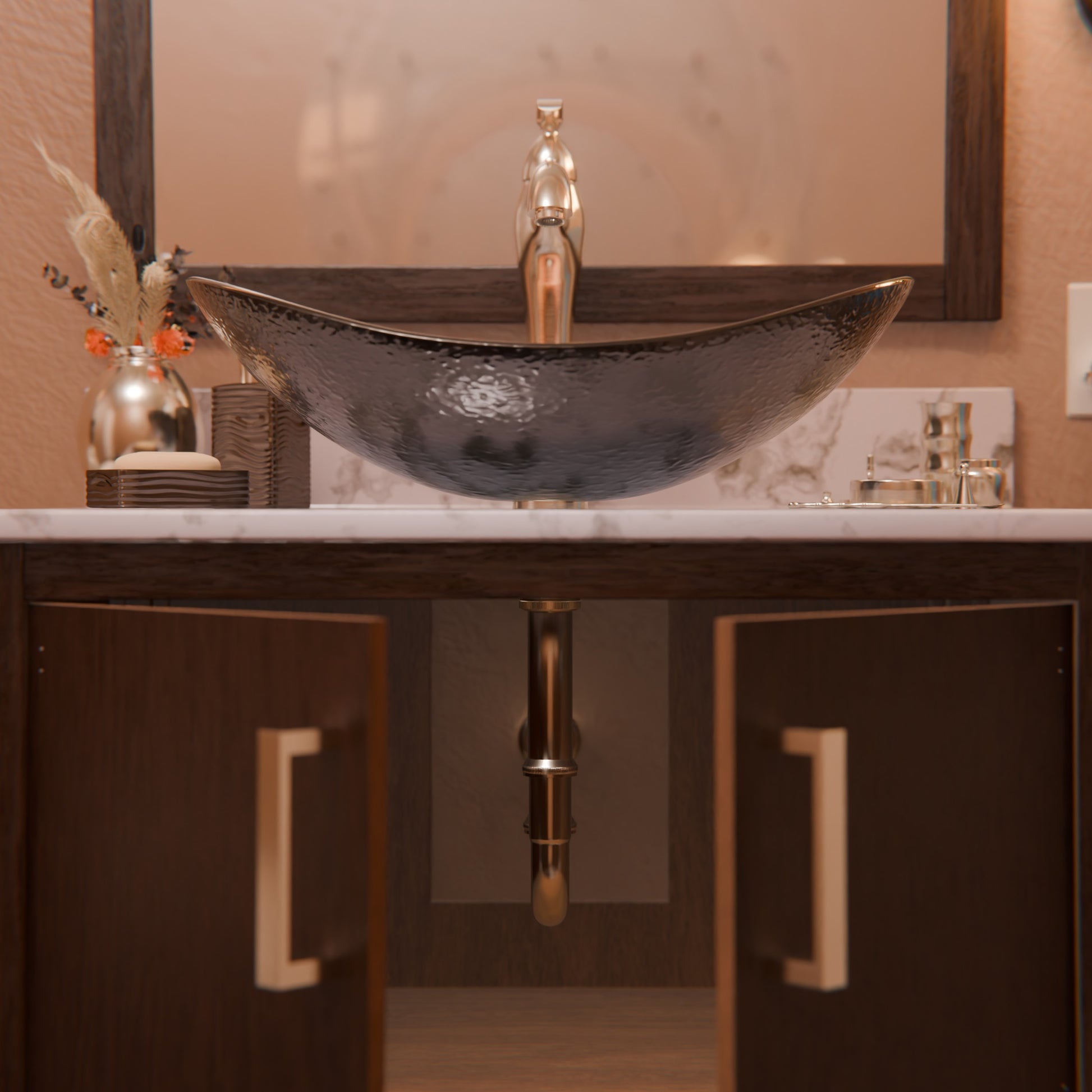 30-inch Novatto bath vanity with café mocha quartz countertop and integrated sink, featuring a modern accessory design.