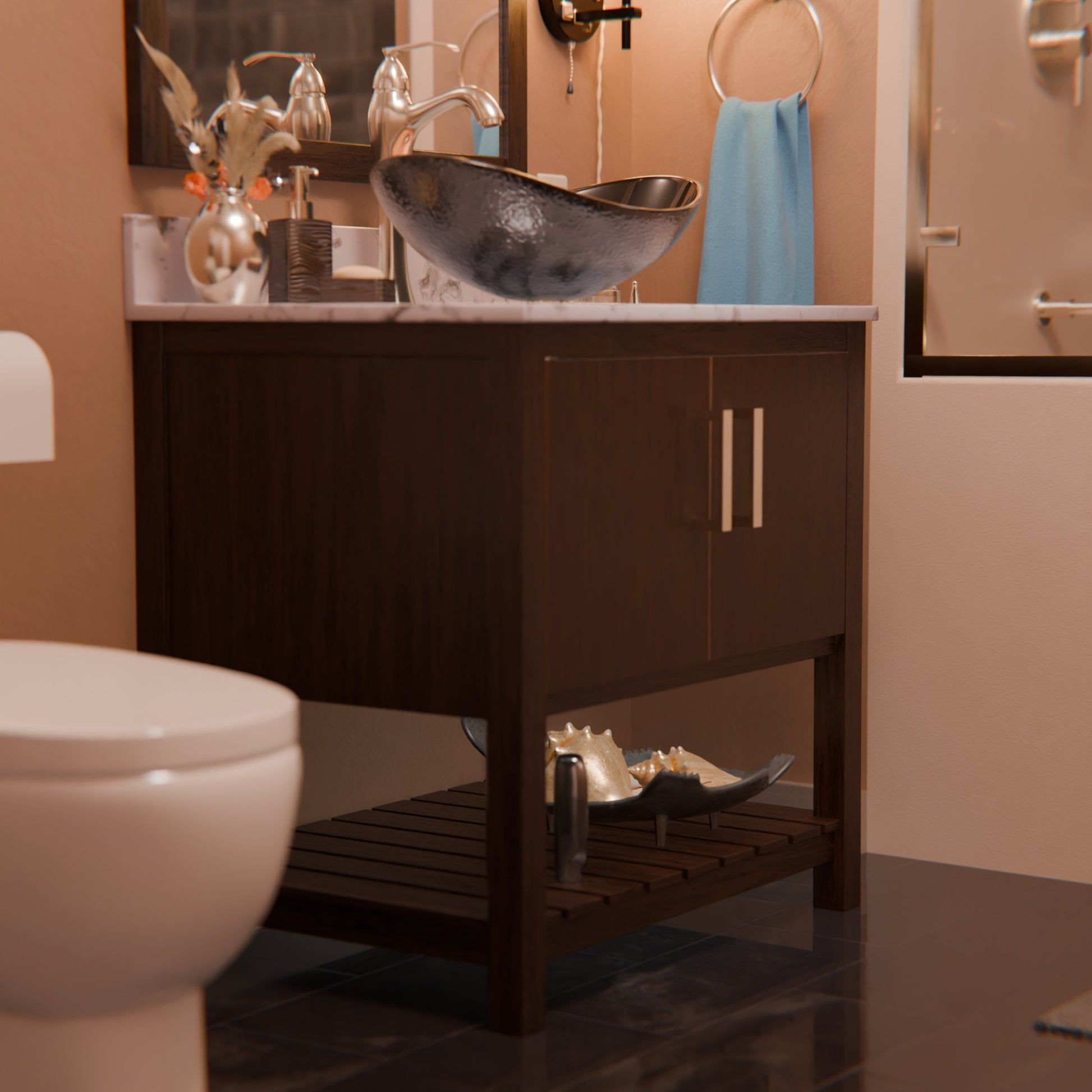 30-inch Novatto bath vanity with café mocha quartz countertop and integrated sink, shown with accessories and mirror.