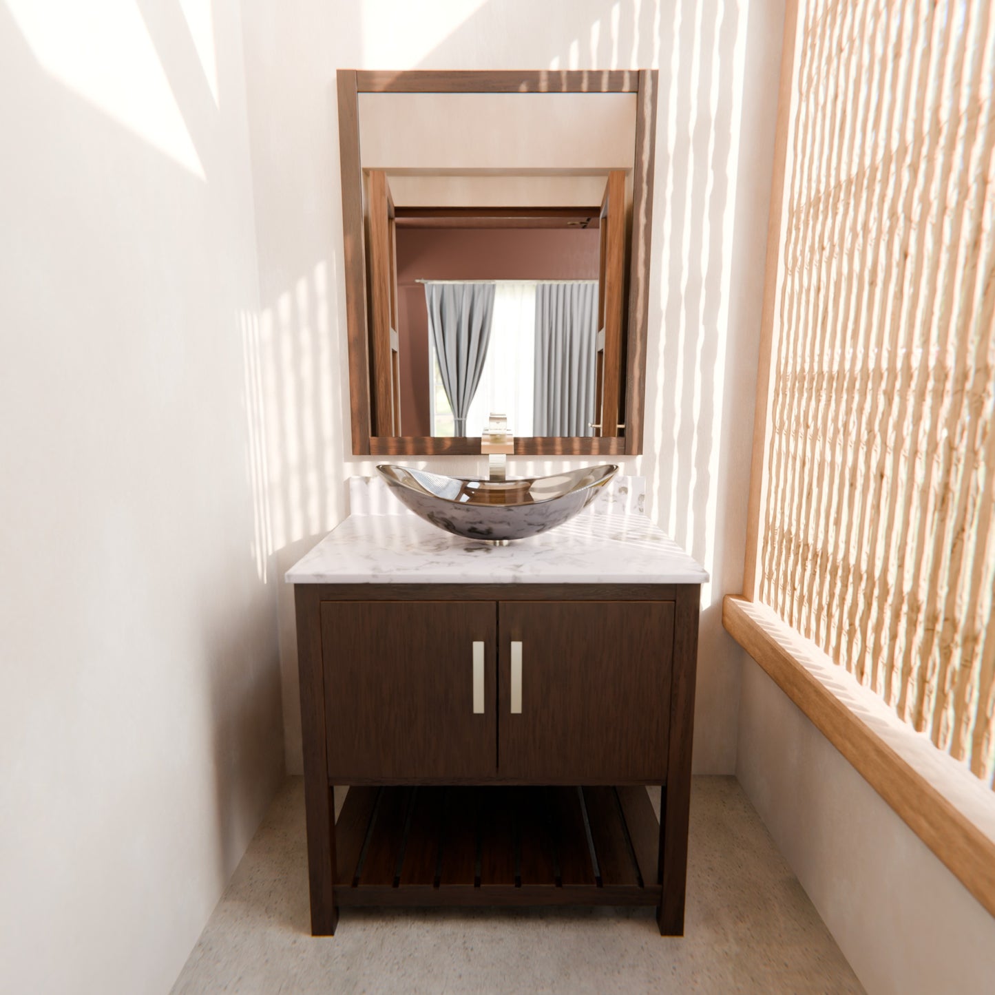 30-inch Novatto bath vanity with café mocha quartz countertop and integrated sink, showcasing the elegant bathroom accessory.