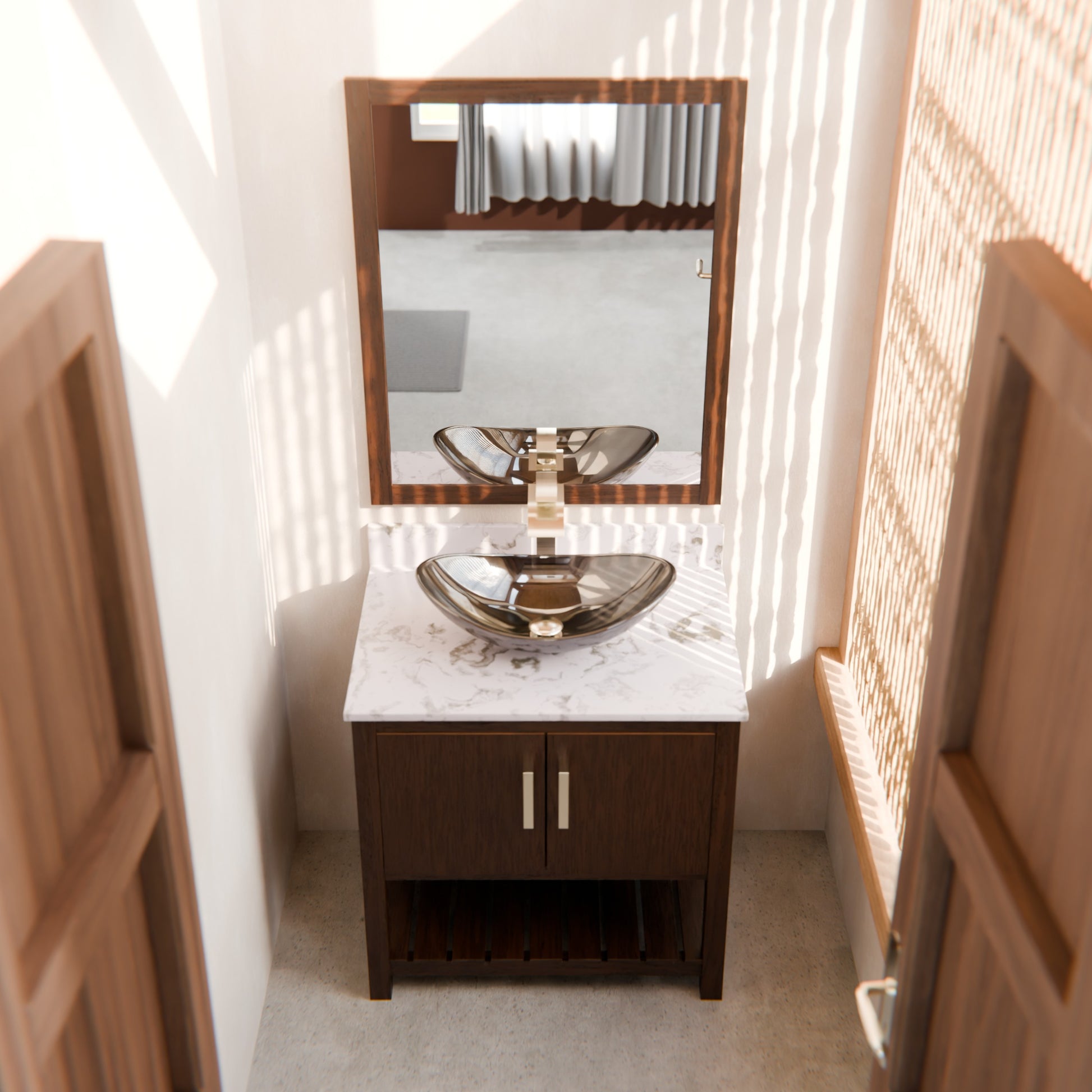 30-inch Novatto bath vanity with café mocha quartz counter and integrated sink, showcasing a modern bathroom accessory.