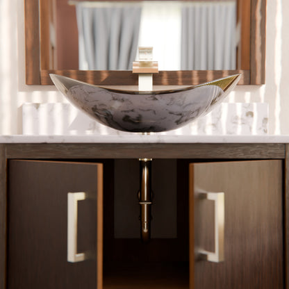 Novatto 30-inch bath vanity with café mocha quartz countertop and sink, shown with mirror and accessories in the image.
