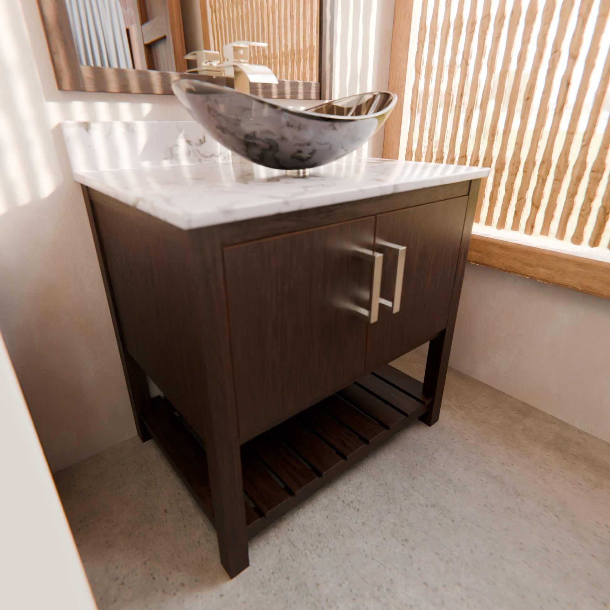 30-inch Novatto bath vanity with Café Mocha quartz countertop and sink, showcasing elegant bathroom accessory design.