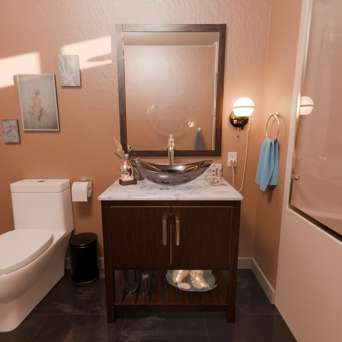 Novatto 30-inch bath vanity with café mocha quartz countertop and integrated sink, showcasing a modern bathroom accessory.