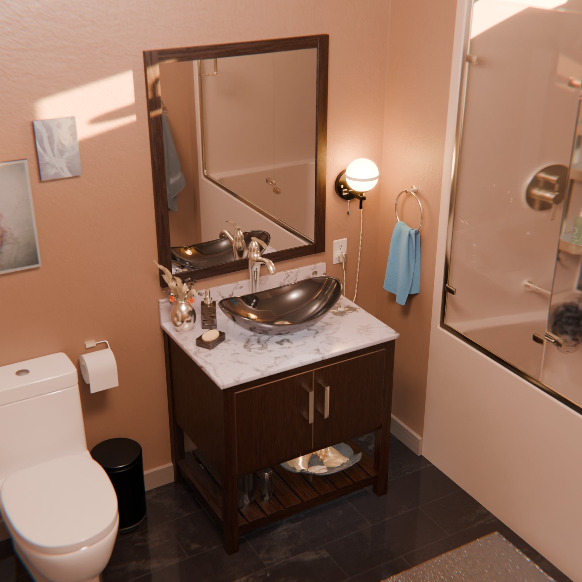 30-inch Novatto bath vanity with café mocha quartz countertop and sink, showcasing the elegant bathroom accessory.