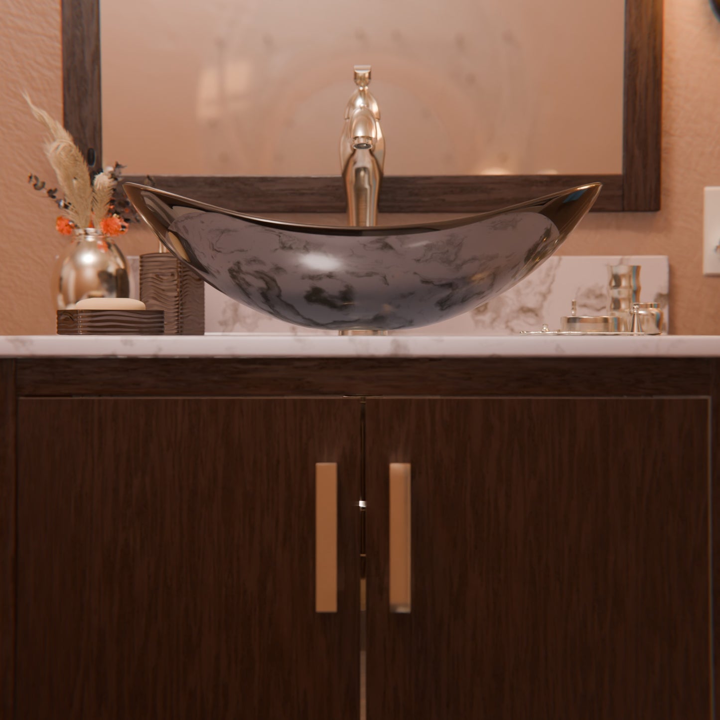 30-inch Novatto bath vanity with café mocha quartz countertop and integrated sink, featuring a modern, sleek bathroom accessory design.