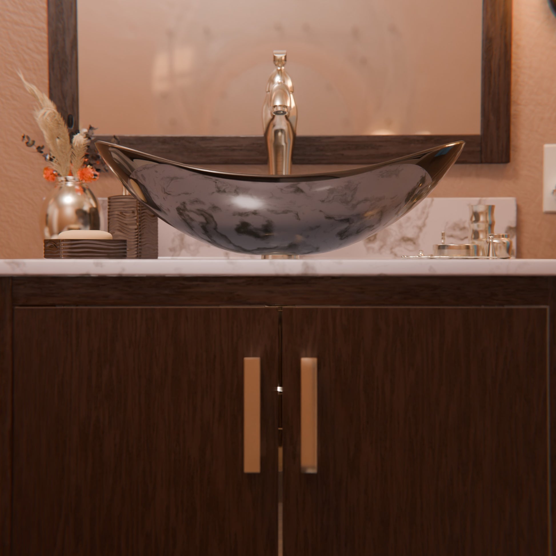 30-inch Novatto bath vanity with café mocha quartz countertop and integrated sink, featuring a modern, sleek bathroom accessory design.