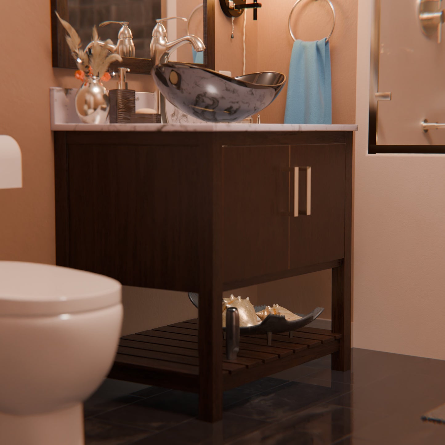 30-inch Novatto bath vanity with café mocha quartz countertop and integrated sink, showcasing modern bathroom accessory design.