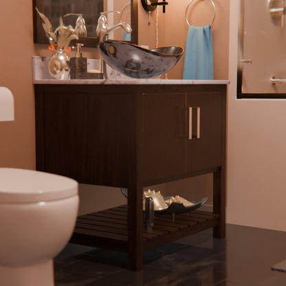 30-inch Novatto bath vanity with café mocha quartz countertop and integrated sink, showcasing modern bathroom accessory design.