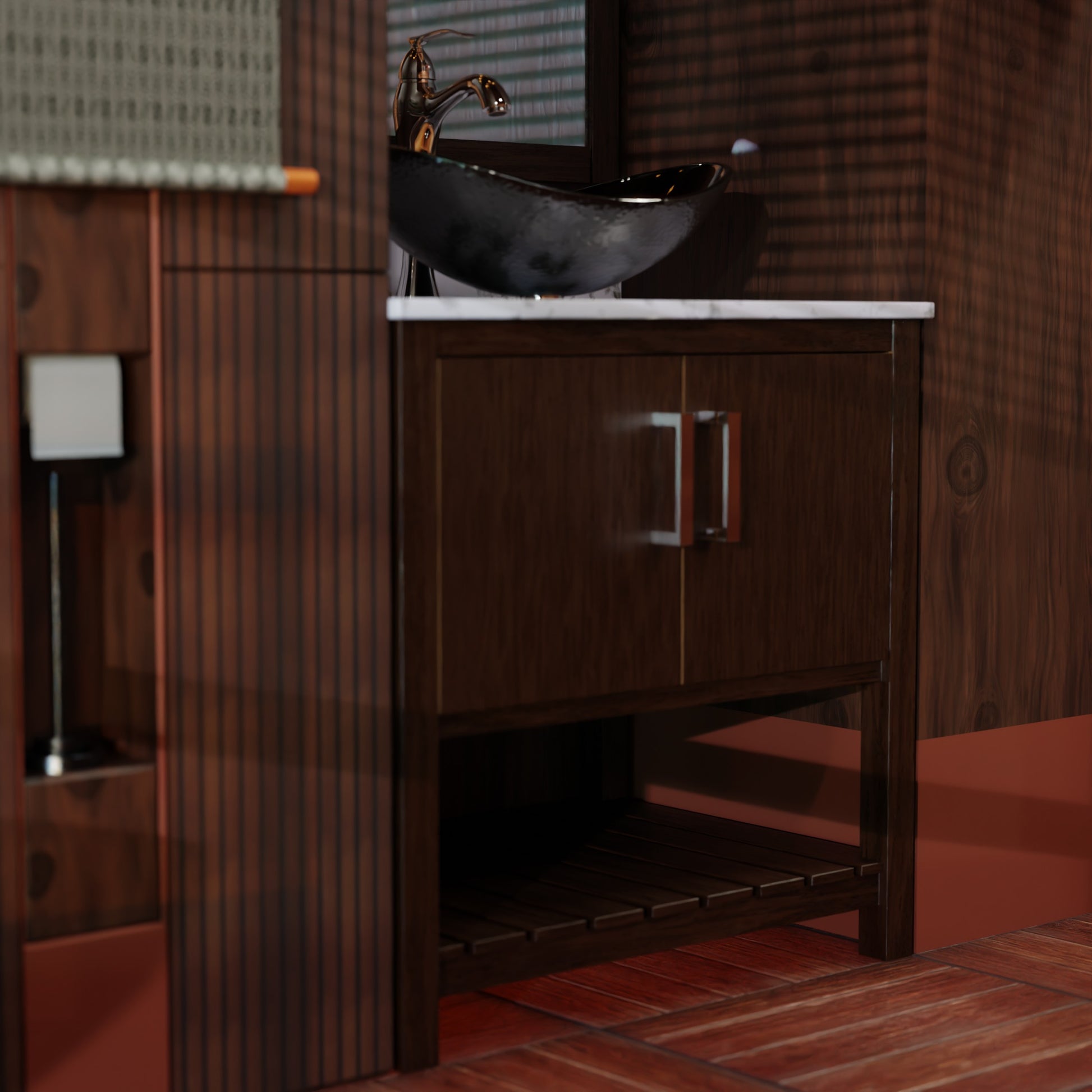 Novatto 30-inch bath vanity with café mocha quartz countertop and integrated sink, modern bathroom accessory for stylish spaces.