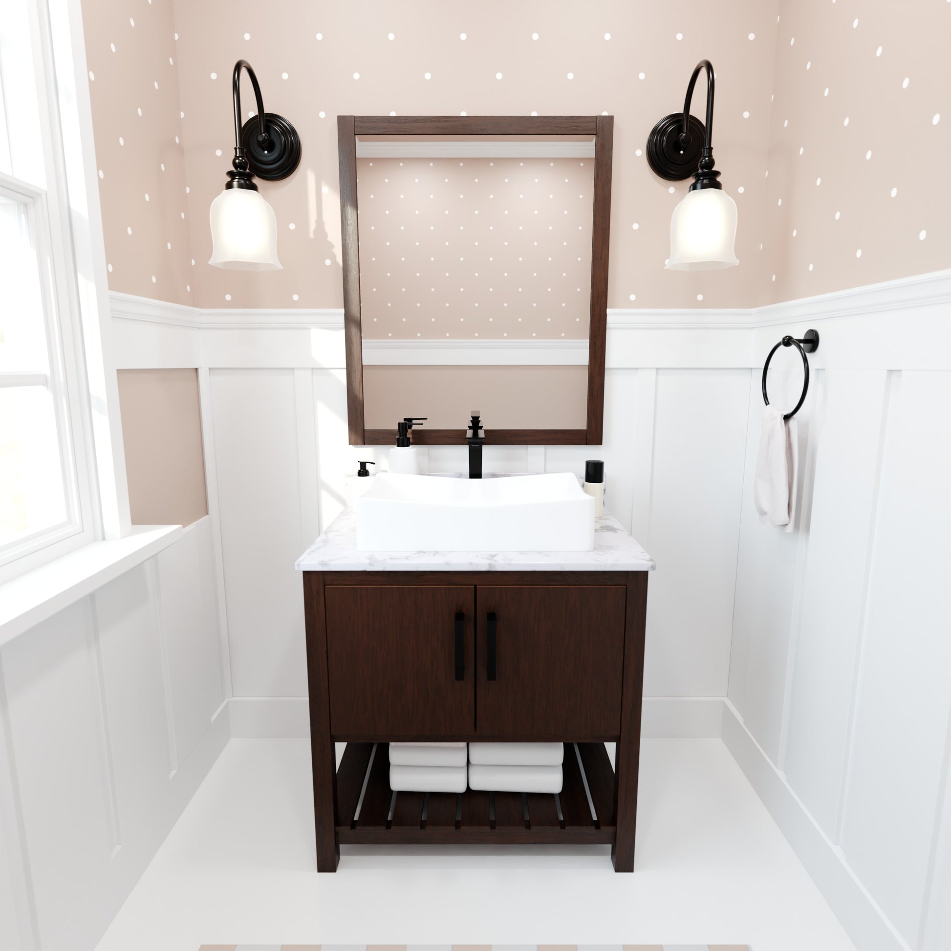 Novatto 30-inch bath vanity with café mocha quartz countertop and integrated sink, modern bathroom accessory.